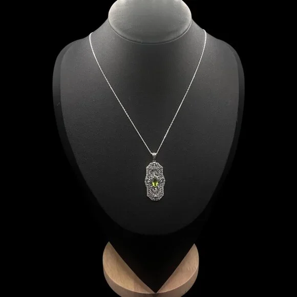 Sterling Silver Green Peridot Filigree Pendant Art Deco Revival 925 Silver Chain - Picture 2 of 7